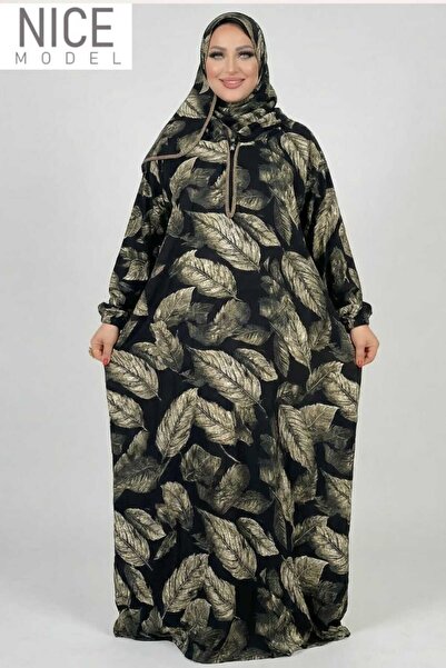 TREN Black Hooded Abaya with Beige Leaf Print – Elegant Modest Fashion for Muslim Women