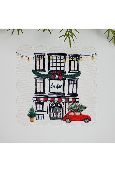 decofav Hand Drawn New Year's Shop Themed Laser Cut Edge Fabric Cocktail Napkin 1 Piece