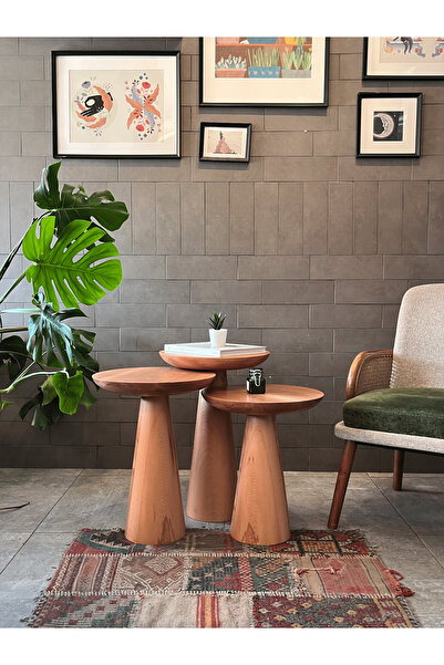 Fagus Wood 3'lü Zigon Mantar Sehpa Mushroom | Masif Ahşap Modern Yan Sehpa Ta...
