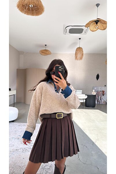 Buket Teke Brown Nubuck Belted Pleated Skirt