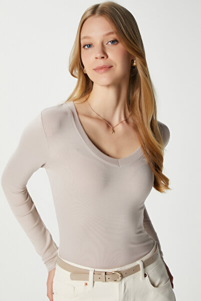 Ritnice Bluză de damă Zera Lux Touch cu decolteu în V bej