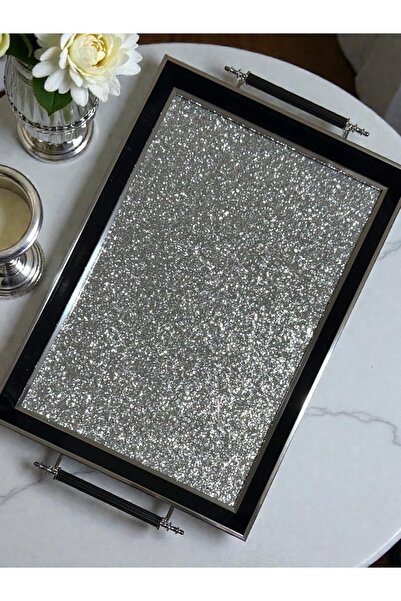 Mia Premium Gümüş Siyah Lake Çerçeve Silver İç Detaylı Büyük Boy Cam Modern Çay Kahve Tepsi