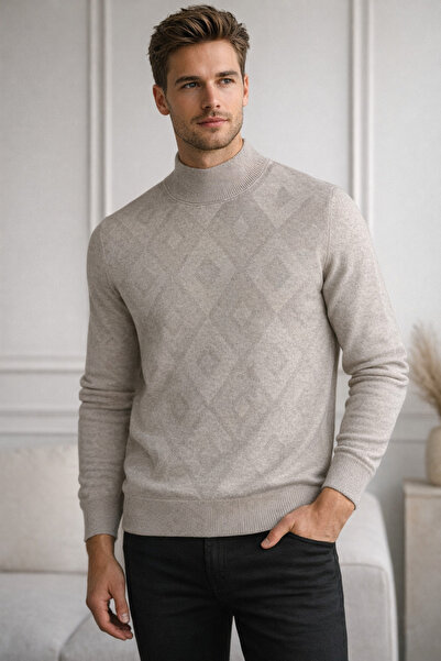 Desen Triko Geometric Patterned Half Turtleneck Wool Blend Men's Sweater Jacquard Beige