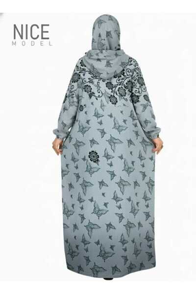TREN butterfly print hooded modest kaftan abaya, loose fit, long sleeve, soft grey fabric ​