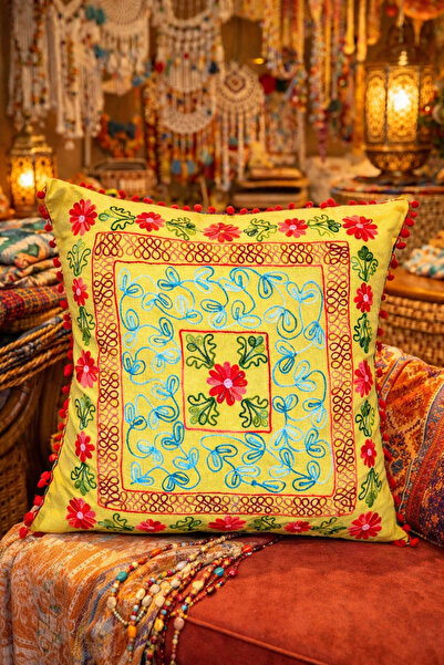 Miss Boheme Green Color Spring Squares Embroidered Pompom Bohemian Pillow Cas...