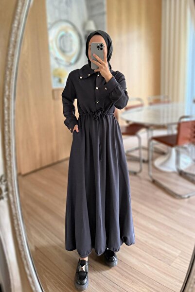 Ka Hijab Waist Gathered Long Modal Dress - Smoked
