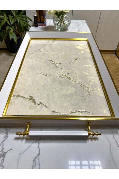 Mia Premium İnci Beyaz Lake Çerçeve Mermer Sim İç Detaylı Büyük Boy Cam Modern Çay Kahve Tepsi