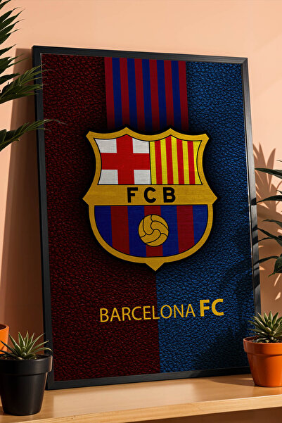 e2nova FC Barcelona Logolu Premium Tasarım Çerçeveli Tablo - Deri Dokulu Futb...