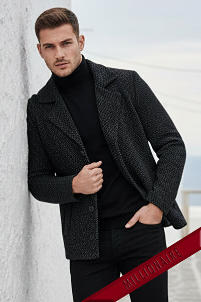 Millionaire Men's Double-Breasted Collar Smoked Black Fleece Woven 4 Button Old Money Culture Blazer Sports Jacket