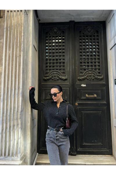 Ecenin Favorileri Polo Neck Textured Anthracite Women's Sweater