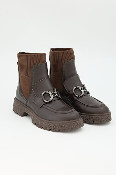 Jande Kadın Kahverengi Çorap Detaylı Bot – Zincir Aksesuarlı Hakiki Deri Kışl...