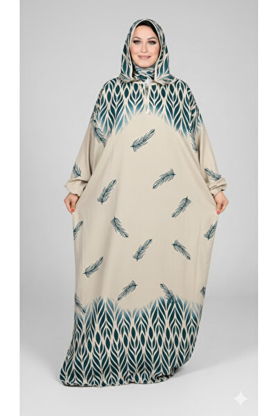Nice Model Cream Teal Feather Chevron Border Hooded Abaya Plus Size Muslim Modest Maxi Dress Ombre Print