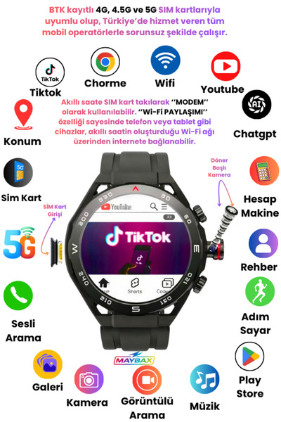 Maybax Sim Kartlı Android Akıllı Saat Wi-Fi Paylaşma Sosyal Medya, Oyun, GPS ...