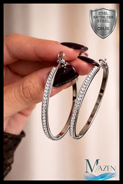 MAZEN Zirkon Taşlı Halka Su yolu Küpe | 316L Çelik | 45 mm | Antialerjik - Ka...