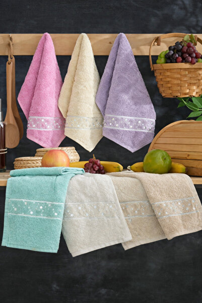 Serenova 100% bumbac, set de 6 prosoape de bucătărie, brodate, colorate, 30x50