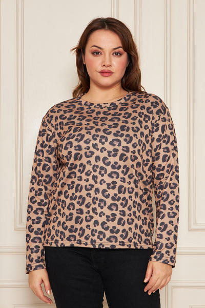 UNIQUE LADY Leopard Print Crew Neck Long Sleeve Knit Blouse
