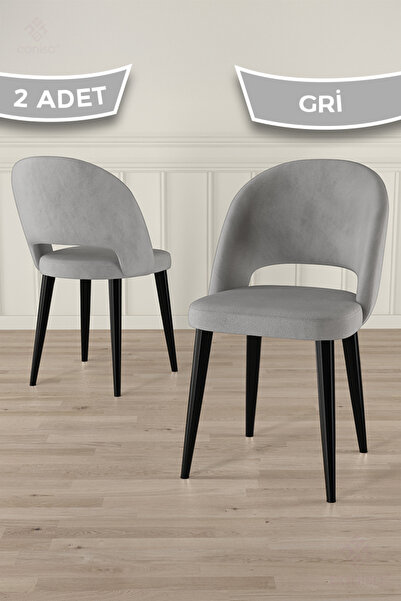 Canisa Pane Serisi 2 Adet Gri Mutfak Sandalyesi Babyface Kumaş Siyah Ayak