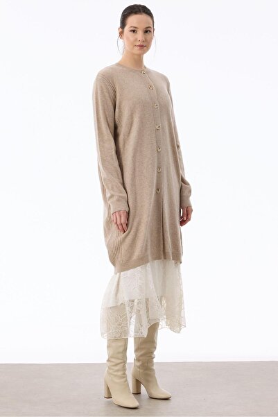 Tığ Triko Basic Cashmere Long Cardigan Beige