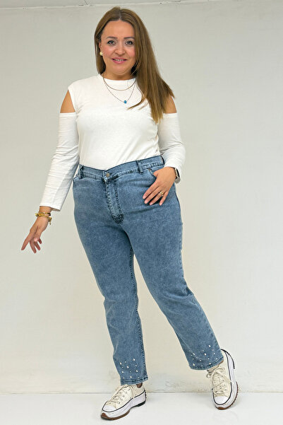 Eslina 59044 Plus Size Stone Detailed Flared Jeans - Snow Wash Ice Blue