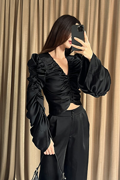 Klex Ruched Detail Draped Satin Long Sleeve Women's Crop Blouse-Black - XL