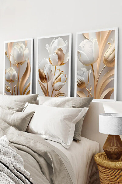kutuTR Beyaz Çerçeveli 2D UV Baskı 3’lü MDF Tablo Set – Beyaz Çiçekler Ve Gol...