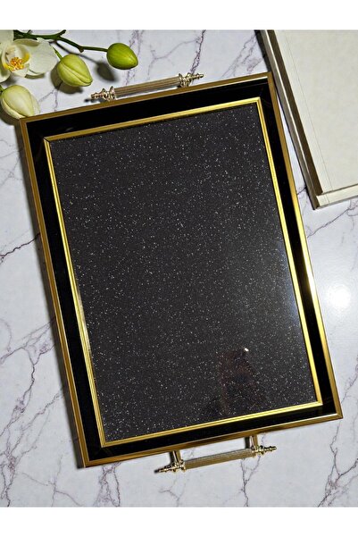 Mia Siyah ve Altın Kombinasyonlu Parlak Taş Efekt İç Detaylı Büyük Boy Cam Modern Çay Kahve Tepsi