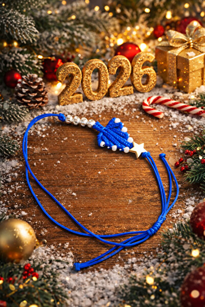 puffydik New Year Themed Blue String Bracelet – Pine Tree Pattern & Star Charm Adjustable
