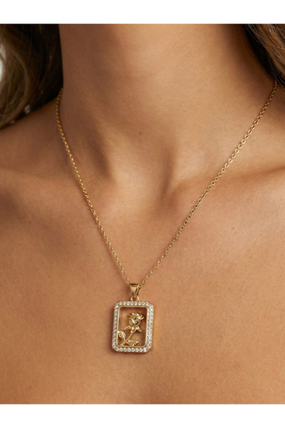 Happy Vibes Steel Rose Detailed Zircon Stone Necklace - Stylish and Aesthetic