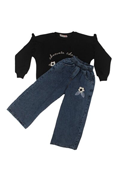 bebegen Set din două piese pentru fetiță, negru, albastru, cu broderie florală, cu pantaloni din denim