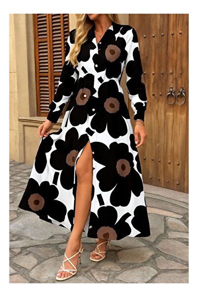 byasafkids فستان نسائي طويل من قماش السوبرم مع ياقة وأزرار أمامية ونقشة زهور