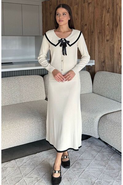 banessa Gülseli Peter Pan collar Cardigan Look Blouse Skirt Knitwear Two-Piece Set