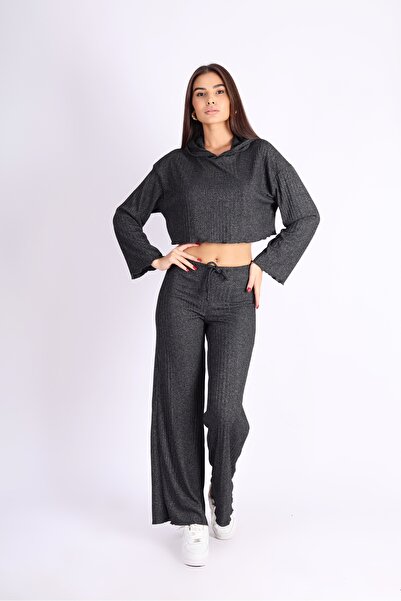 Softandbasic Hooded Sweatshirt and Wide Leg Beige Pants Set