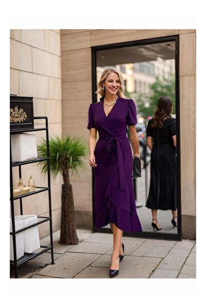 byasafkids   فستان كريب نسائي بياقة مزدوجة الصدر بطول متوسط وحزام 120 سم