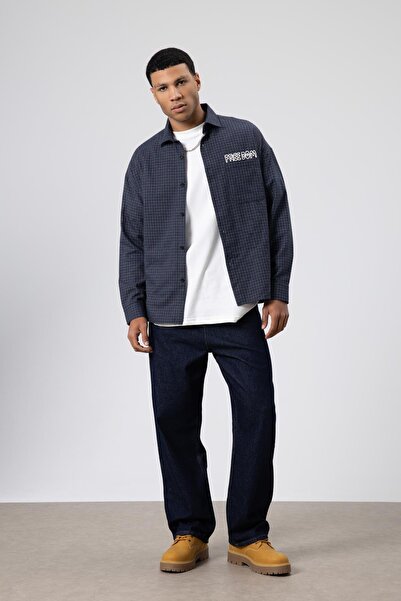 VAMOSCLO Oversized Printed Daily Checkered Shirt Navy Blue