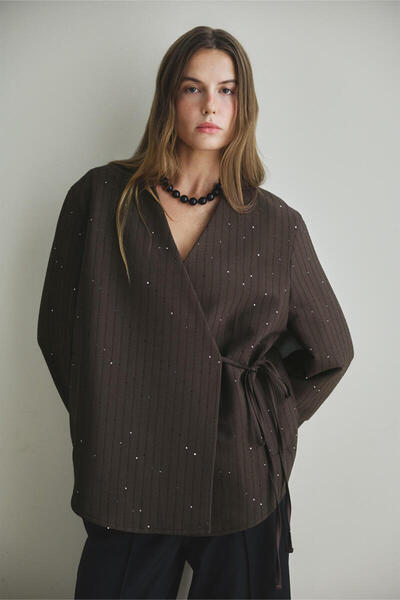 BE BLUE Brown Shiny Kimono Coat