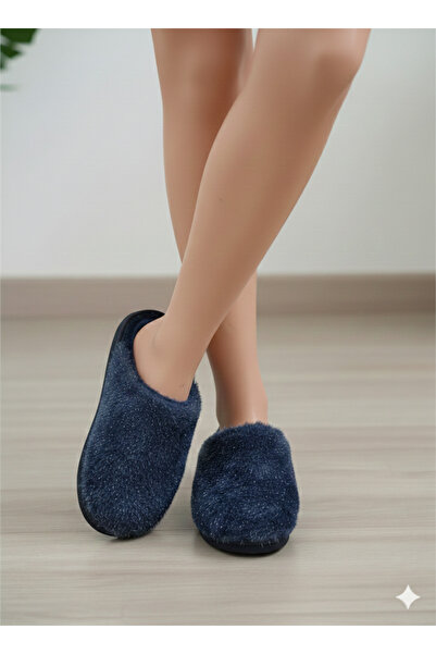 GEZER lacivert gümüş işlemeli havlu kumaş kışlık içeri terlik