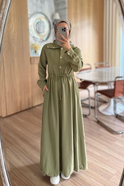 Ka Hijab Waist Gathered Long Modal Dress - Oil Green