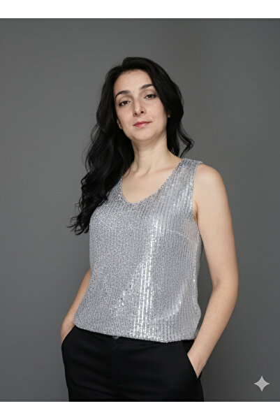 Roosbutik Gümüş v yaka payetli bluz