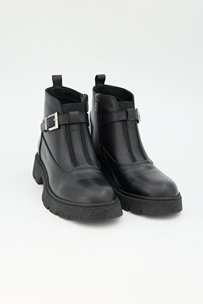 Jande Kadın Tokalı Fermuarlı Kalın Taban Bot – Siyah Hakiki Deri