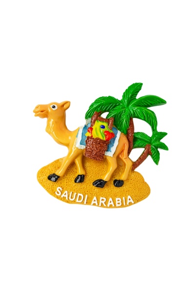 Saudi Arabia مغناطيس ثلاجة تذكاري ثلاثي الأبعاد - تصميم جمل مع سلة وشجرة نخيل