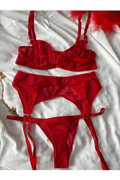 SS HOME CONCEPT Kırmızı 3 Lü Jartiyerli Takım , Tül jartiyer Takım