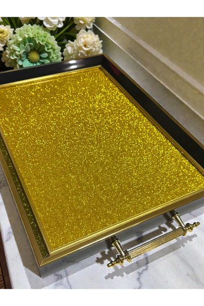 Mia Siyah ve Altın Modern Parlak Gold Taş Efekt İç Detaylı Büyük Boy Cam Modern Çay Kahve Tepsi
