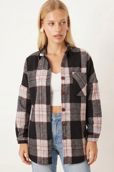 armonika Women's Black Oversized Plaid Cashmere Pocket Lumberjack Shirt Arm-26K001089