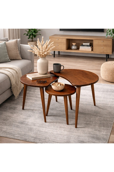 Trihome Masif Gürgen Ağacı 3’lü Zigon Sehpa Seti | Modern ve Şık Orta Sehpa T...