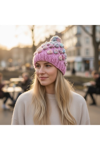 Flux Design Factory El Örgüsü Ponponlu Pembe Şapka Bere