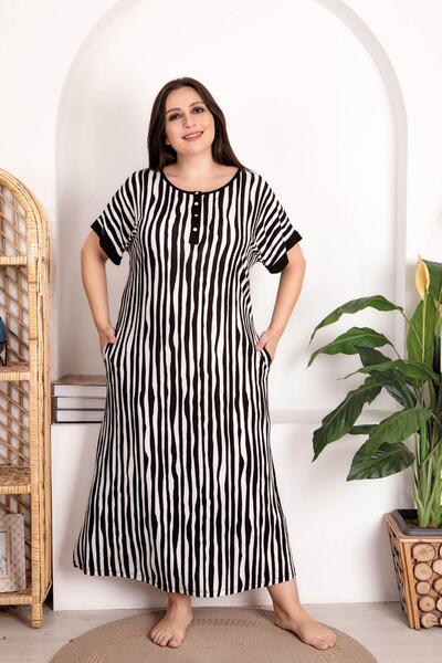 REN Дамска нощница с дълги ръкави, копчета и деколте, в черно и бяло, голям размер, дълга нощница, вискозна материя с разрез на полата