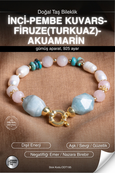 OSMANLI DEĞERLİ TAŞ SERTİFİKALI İnci-Pembe Kuvars-Firuze(Turkuaz)-Akuamarin D...