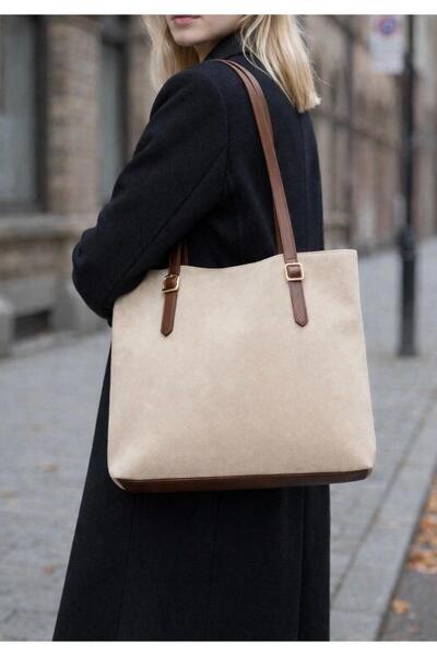 DEMESİ Kadın Büyük Süet Tote Çanta – Fermuarlı, Geniş İç Hacimli, Günlük & Şık Krem Omuz Çantası