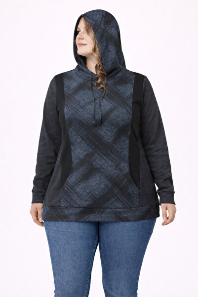 Şans Women's Plus Size Smoked, Patterned, Kangaroo Pocket Hooded Sweatshirt 65N39299