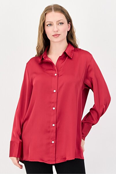 Bebe قميص نسائي بأكمام طويلة سادة وياقة عريضة، لون وردي